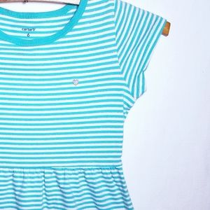 Carter's Teal Striped Pleated Waist Cap Sleeve Top w/Embroidered Heart Sz 6 EUC